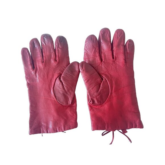 Red Leather Gloves Size XL Anne Klein Vintage Lace Up Retro Christmas Gift Woman - Picture 10 of 11